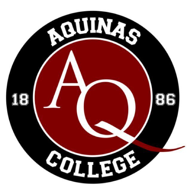 Aquinas College logo with red, black, and white colors.