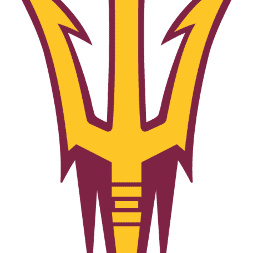 A stylized yellow and maroon trident with sharp edges.