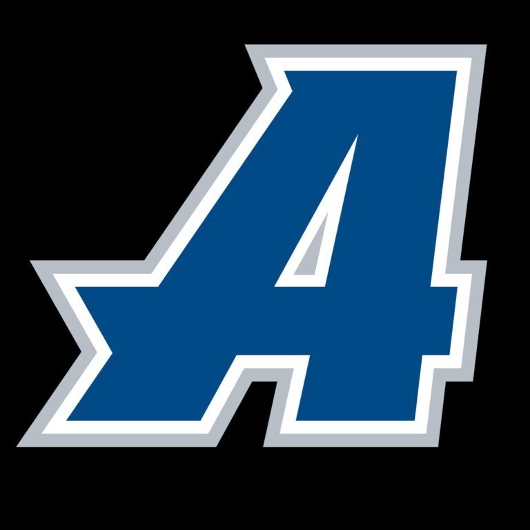Bold blue letter 'A' logo with white and gray outline on black background.