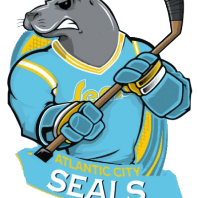 A seal mascot holding a hockey stick, wearing a blue and yellow jersey.