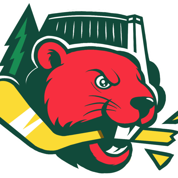 A fierce red bear mascot holding a hockey stick.