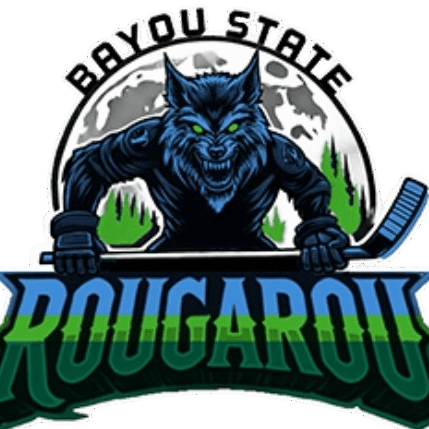Logo of Bayou State Rougarou hockey team with a fierce blue werewolf.