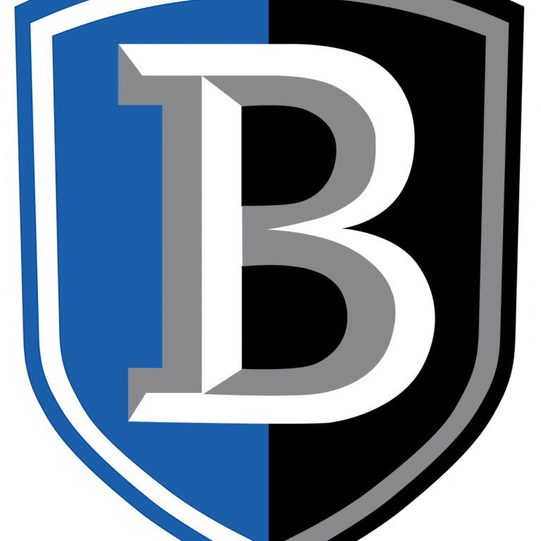 A shield logo split blue and black with a large letter B.