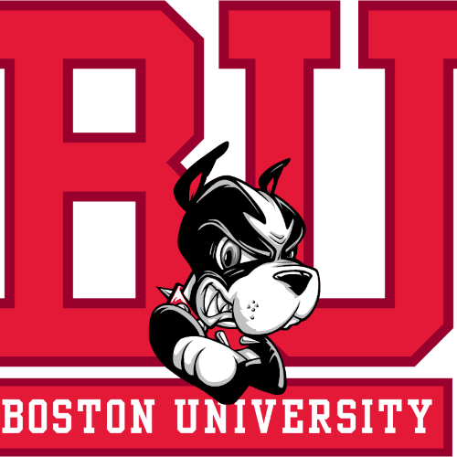 Boston University logo with a cartoon dog mascot on a red background.