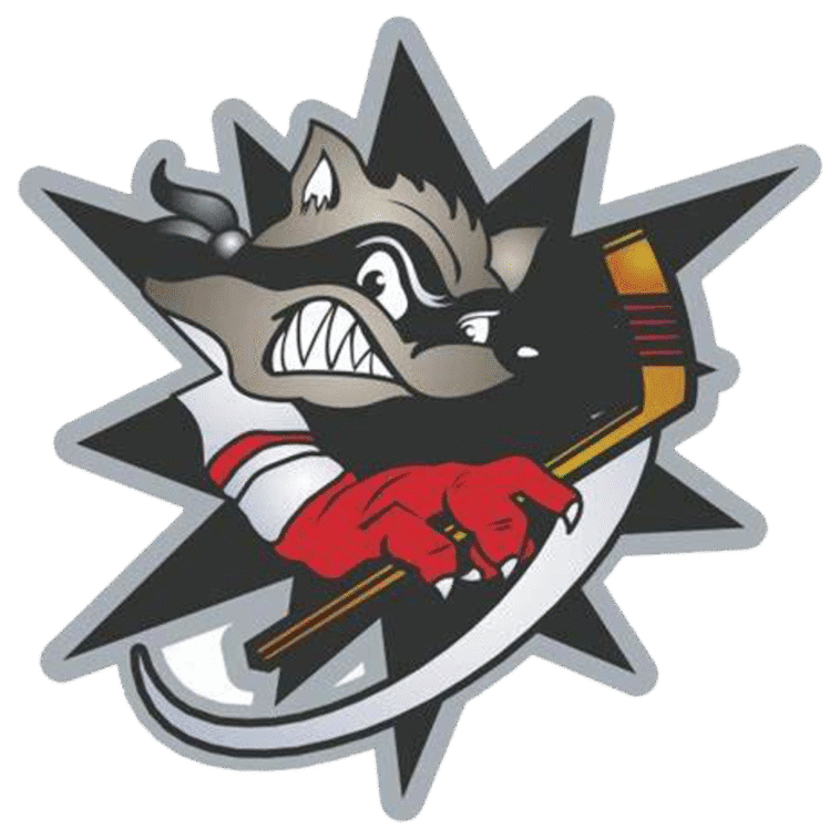 Fierce cartoon wolf holding a hockey stick with a determined expression.