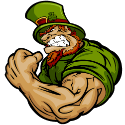 Muscular leprechaun flexing his arm with a fierce expression.