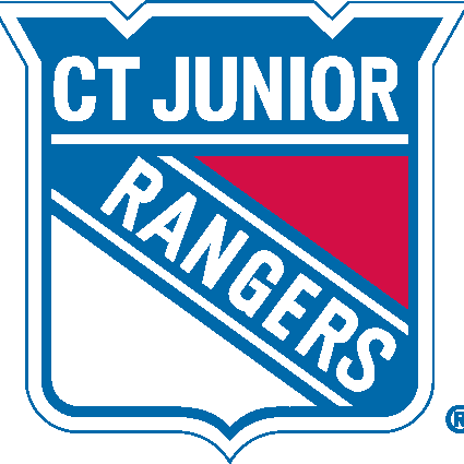 Logo of CT Junior Rangers hockey team in blue, white, and red.