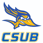 CSUB logo featuring a fierce roadrunner mascot in blue and gold.
