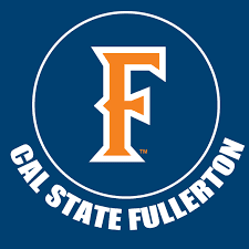 Cal State Fullerton logo with bold orange 'F' on blue background.