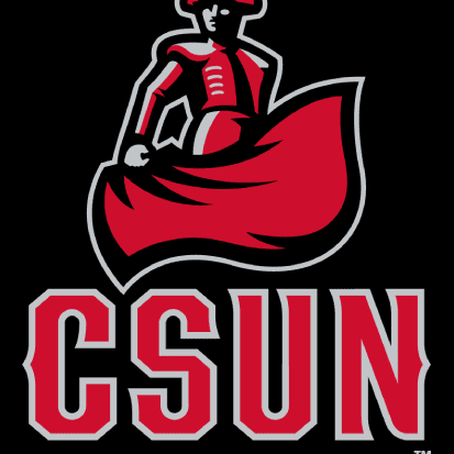 Red and white CSUN logo with a mascot holding a flag.