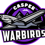 Logo of Casper Warbirds featuring a shark and airplane in purple and gray.