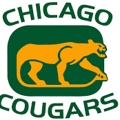 Logo of the Chicago Cougars hockey team with a cougar inside a green and yellow emblem.