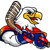 A fierce eagle holding a hockey stick, wearing gloves and a determined expression.