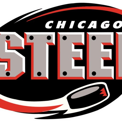 Chicago Steel hockey team logo with stick and puck.