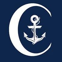 White anchor inside a crescent on blue background.