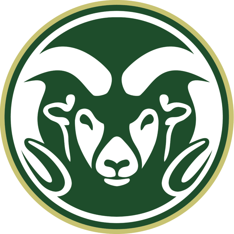 Stylized ram's head logo in green and white with gold outline.