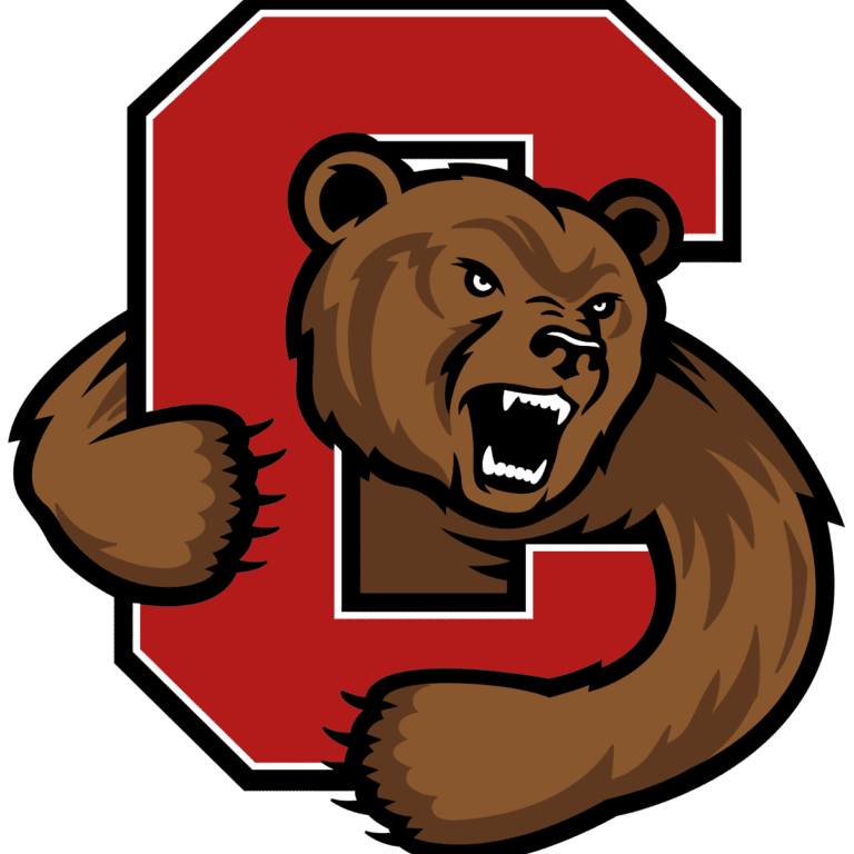 A fierce bear gripping a large red letter C.