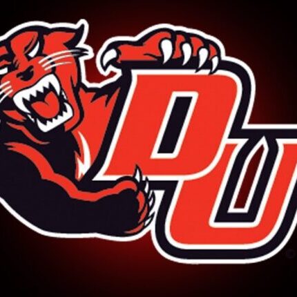 Panther mascot gripping bold DU letters against a black and red background.