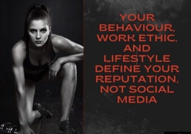 Motivational fitness quote with an athletic woman in a crouch pose.
