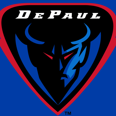 DePaul Blue Demons logo featuring a stylized demon head in red and blue.