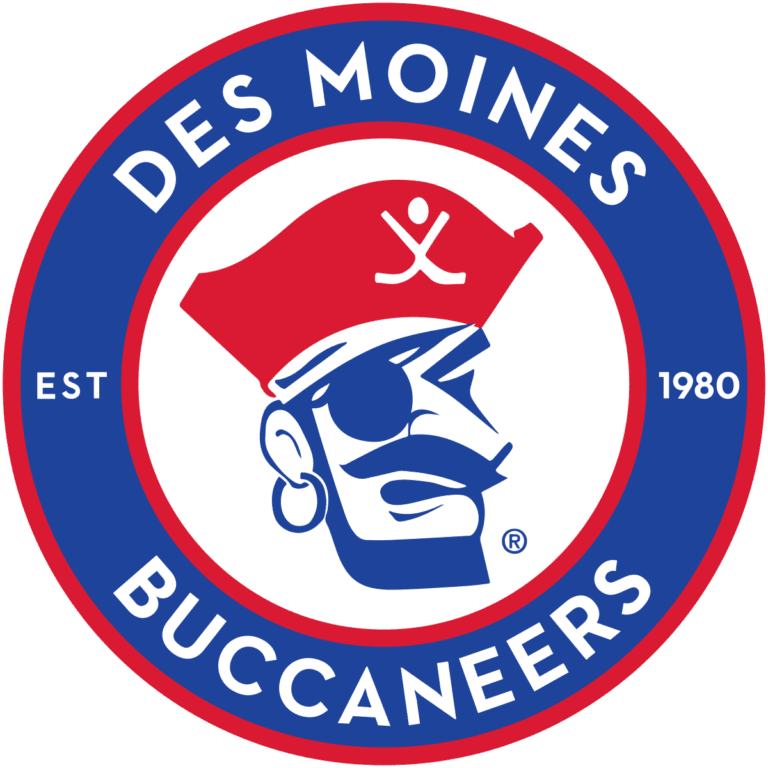Logo of Des Moines Buccaneers hockey team with a pirate figure.