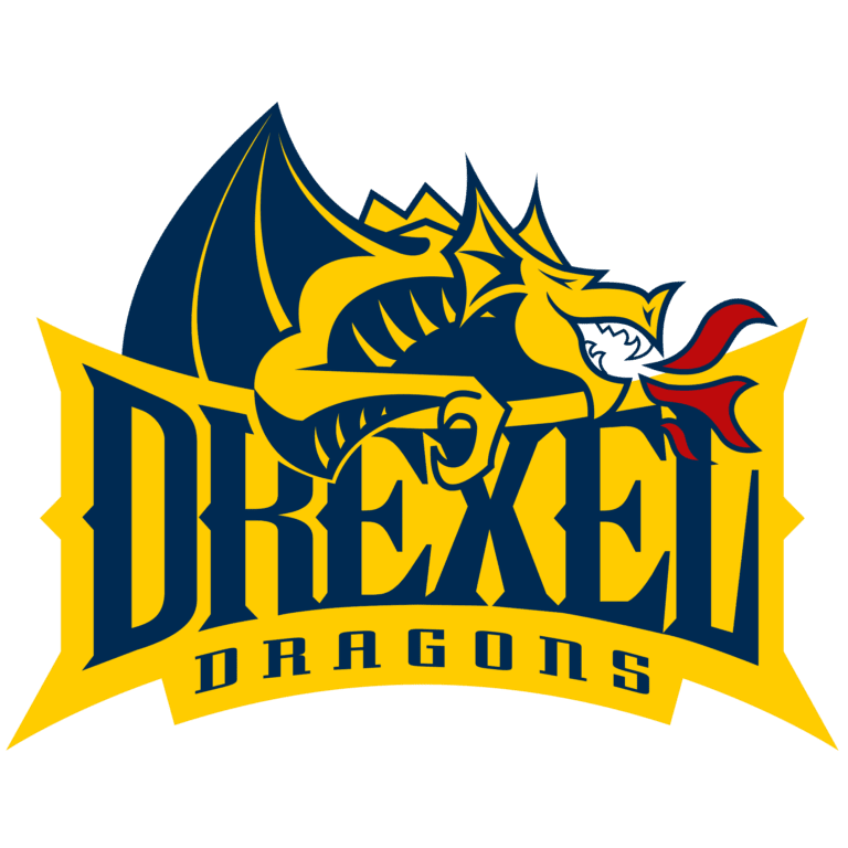 Drexel Dragons logo with a fierce dragon breathing fire.