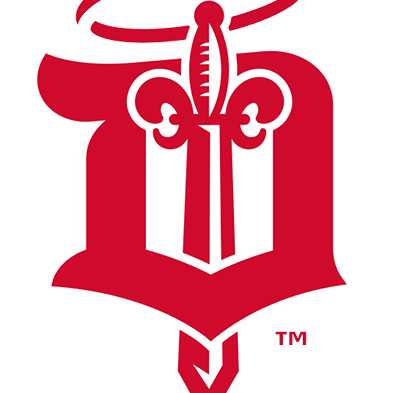 Red stylized letter 'D' with a sword and fleur-de-lis design.