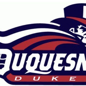 Duquesne Dukes sports logo with a stylized duke figure.