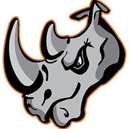 Angry cartoon rhino head with two horns.