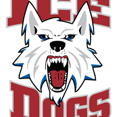 Fierce white husky mascot with bared teeth and blue eyes.