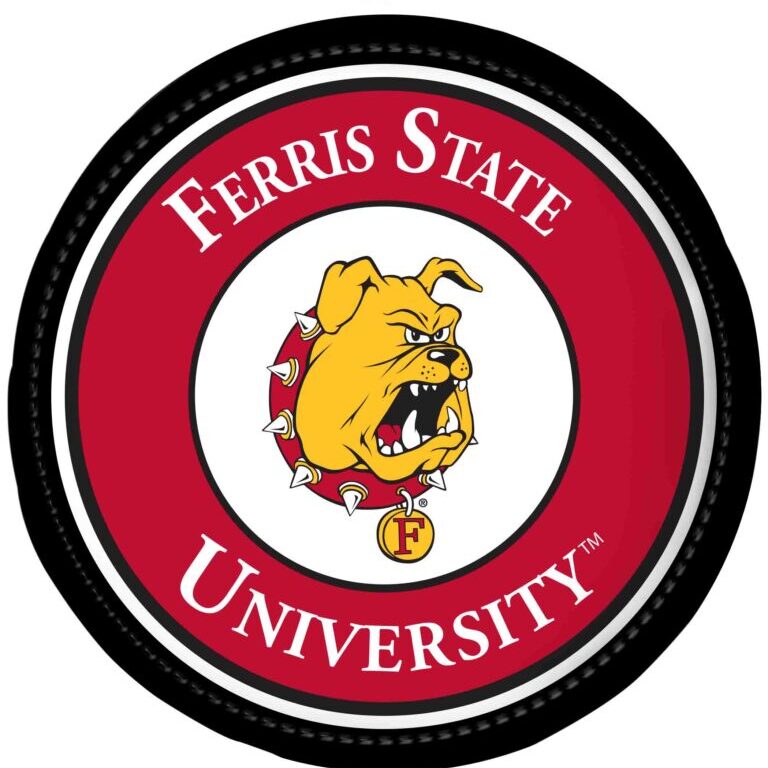 Ferris State University logo with a fierce bulldog mascot.