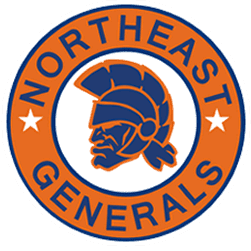 Logo of Northeast Generals featuring a Spartan helmet in orange and blue.