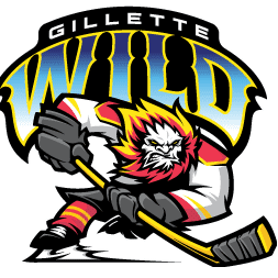 Gillette Wild hockey team logo with fierce wildcat holding a hockey stick.