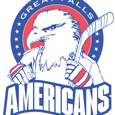 Logo of Great Falls Americans hockey team with eagle and hockey sticks.