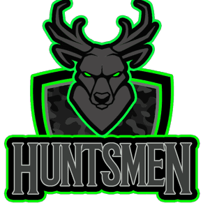 A fierce black deer head with green outline above the word 'HUNTSMEN'.