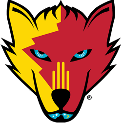 A stylized wolf face split in yellow and red with blue eyes.