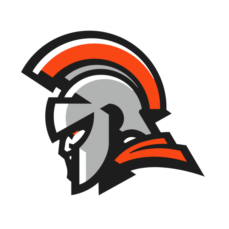 Stylized Spartan helmet logo with red and gray accents.
