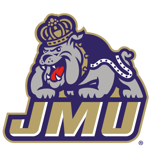 JMU mascot logo featuring an aggressive bulldog with a crown.