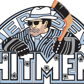 A stylized man in a pinstripe suit holding a hockey stick, with 'HITMEN' text below.