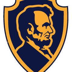 Profile of Abraham Lincoln in orange on a dark shield.