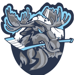 Stylized moose head holding a feather in its mouth, featuring bold blue and gray tones.