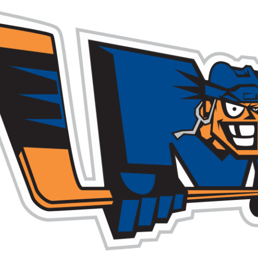 A cartoon hockey player holding a stick in a blue and orange uniform.