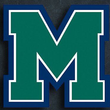 A stylized green letter M with a blue and white outline.