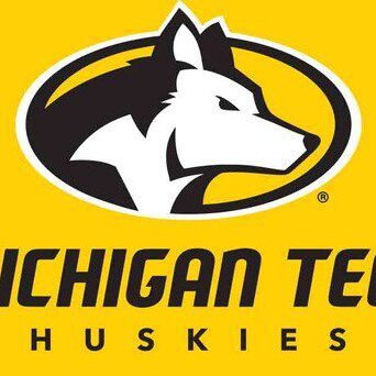 Michigan Tech Huskies logo with a husky head and yellow background.