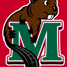 A beaver holding a large green letter M with a red background.