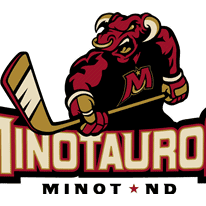 A fierce Minotaur holding a hockey stick in a sports logo design.