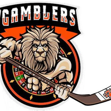 A fierce lion playing hockey with a stick, logo for Gamblers.