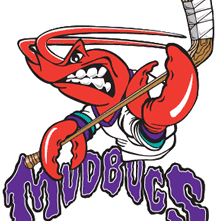 Aggressive red crab wielding a hockey stick for Mudbugs.