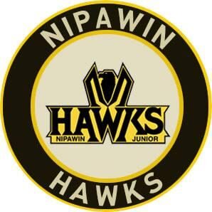 Logo of Nipawin Hawks junior hockey team with black, gold, and white colors.