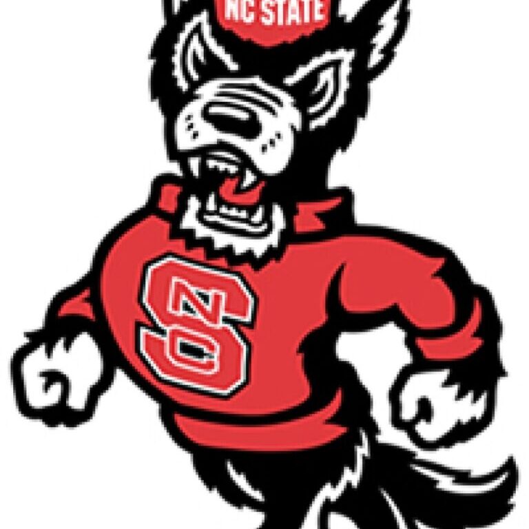 NC State's wolf mascot wearing a red sweater.
